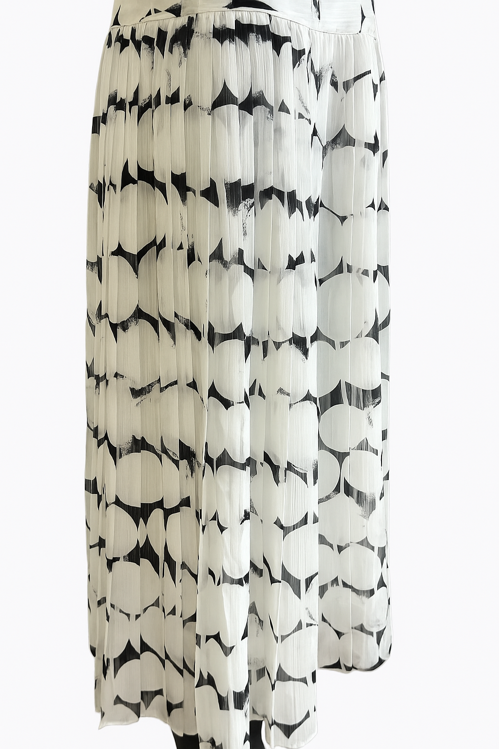 Close-up of gathered neckline on black and white abstract print chiffon dress by Nora Noh