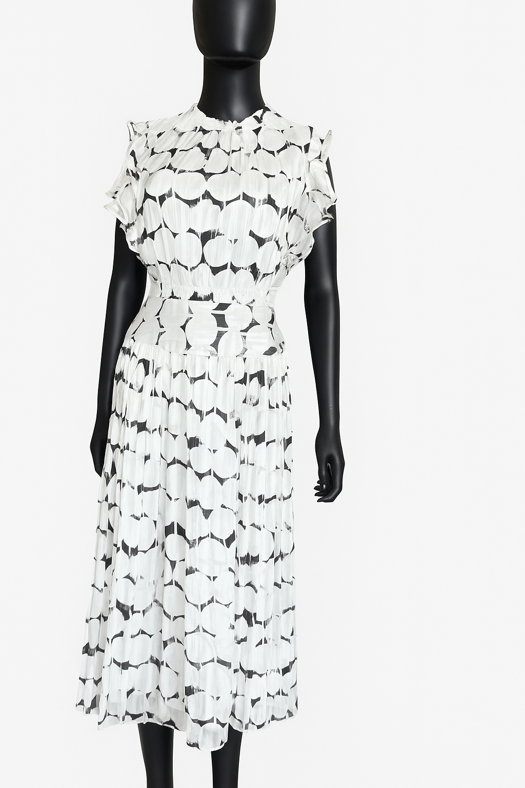 Flutter sleeve detail on black and white abstract print chiffon midi dress.