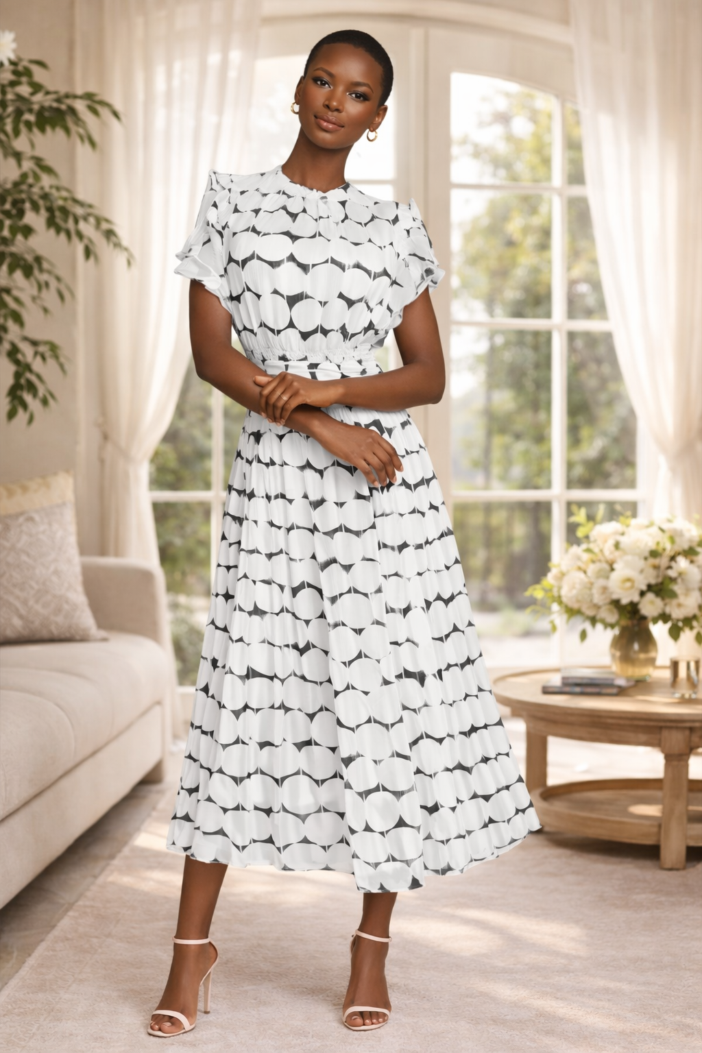 Black and white abstract print midi dress styled for elegant daytime occasionwear