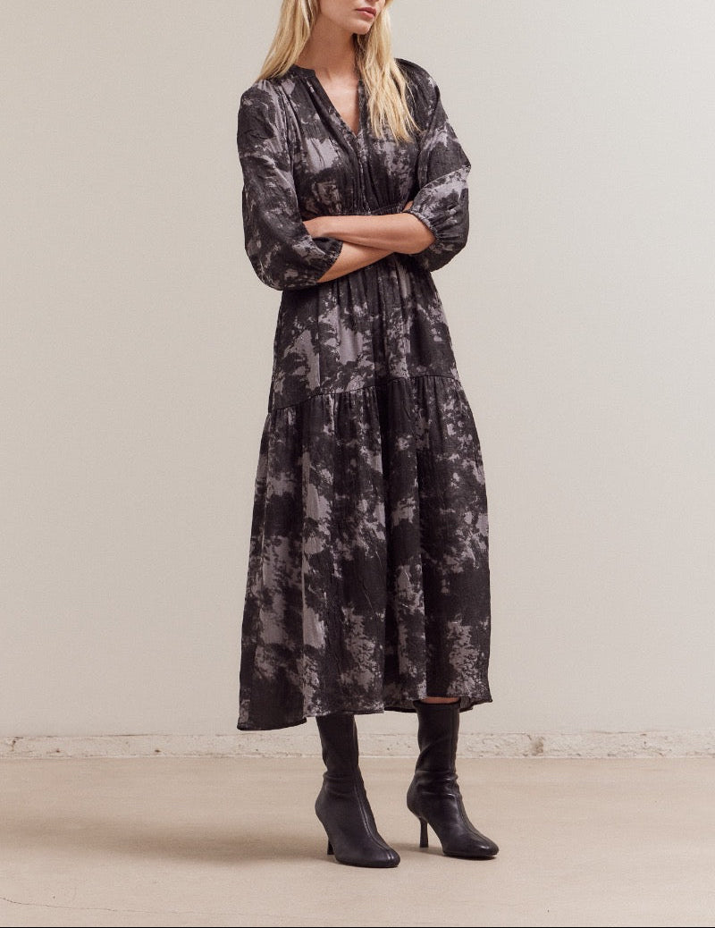 Front view of printed midi dress with smocked waist and tiered skirt