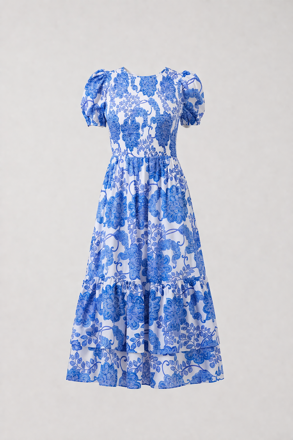 Sugarlips Aruba Blue Floral Smocked Puff Sleeve Midi Dress