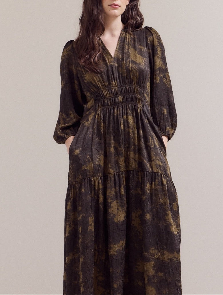 Close-up detail of abstract print midi dress bodice and tiered skirt
