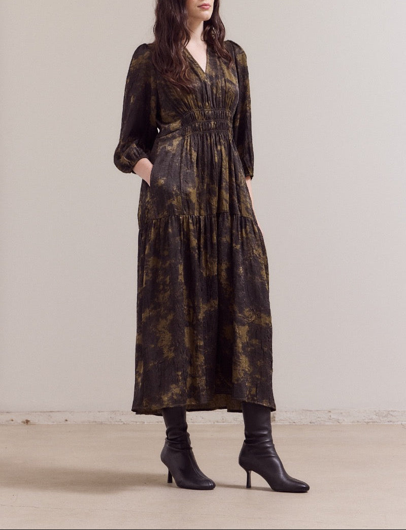 Three-quarter view of printed midi dress with pockets and tiered hem