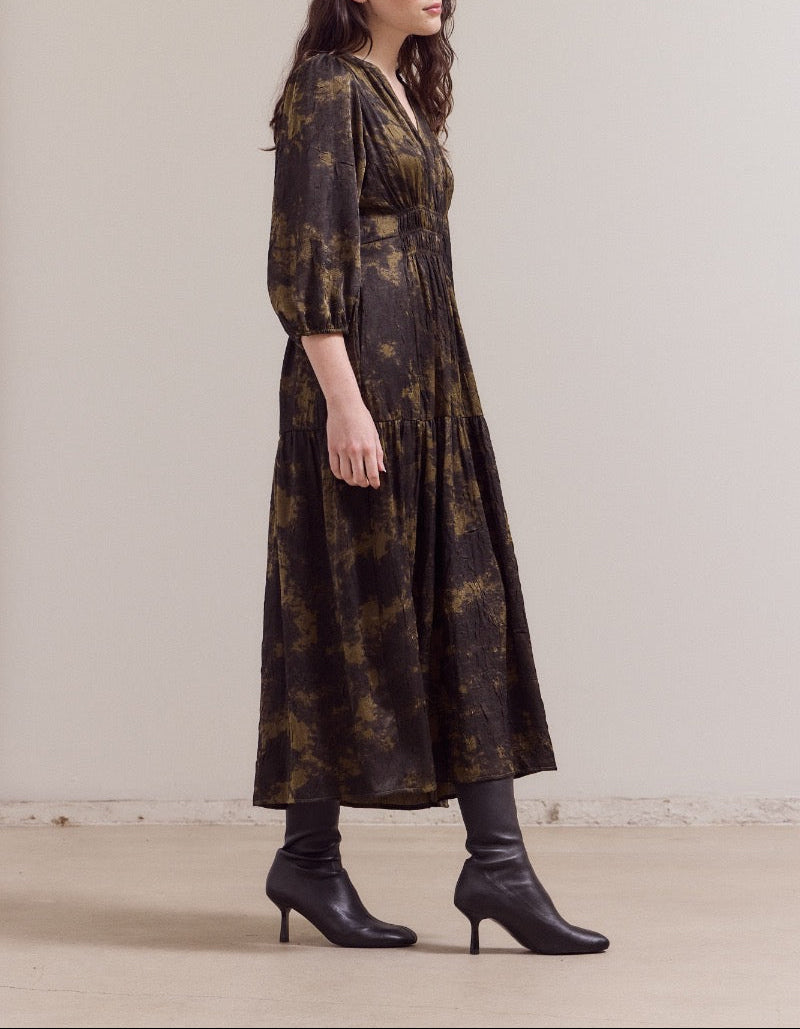 Side profile of dark abstract print midi dress with 3/4 sleeves
