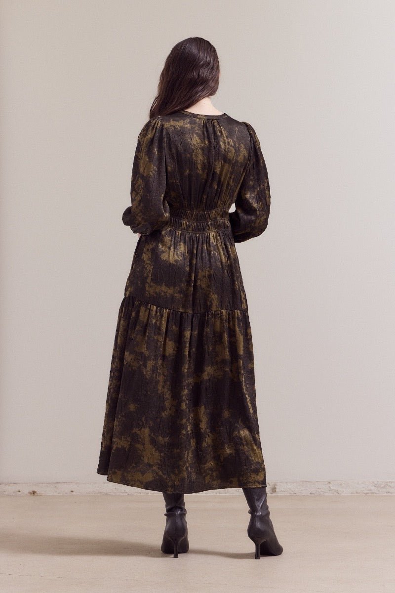 Back view of dark printed midi dress with tiered silhouette
