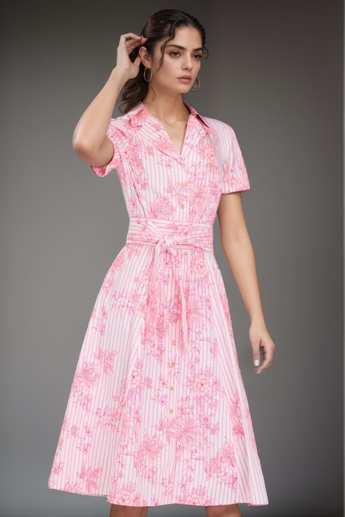 Pink Embroidered Shirt Midi Dress With Tie Belt
