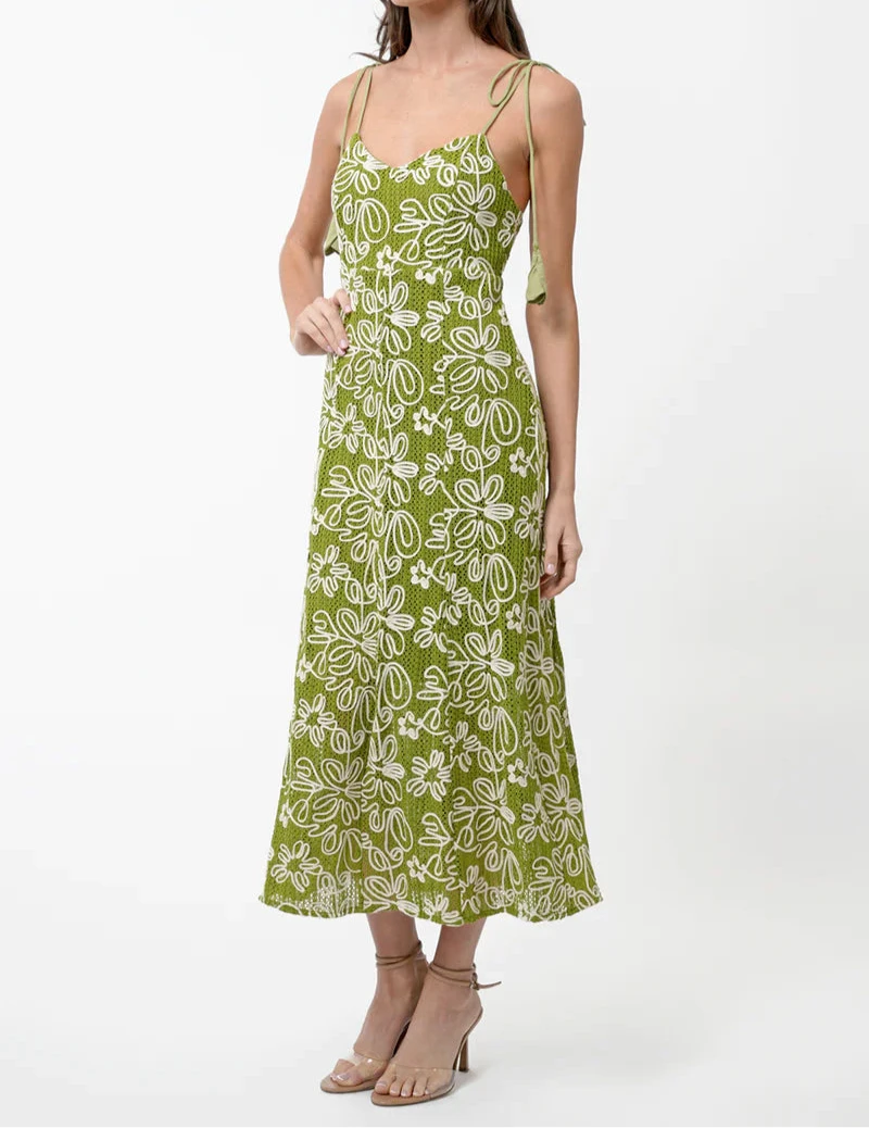 Green embroidered floral slip midi dress with tie straps