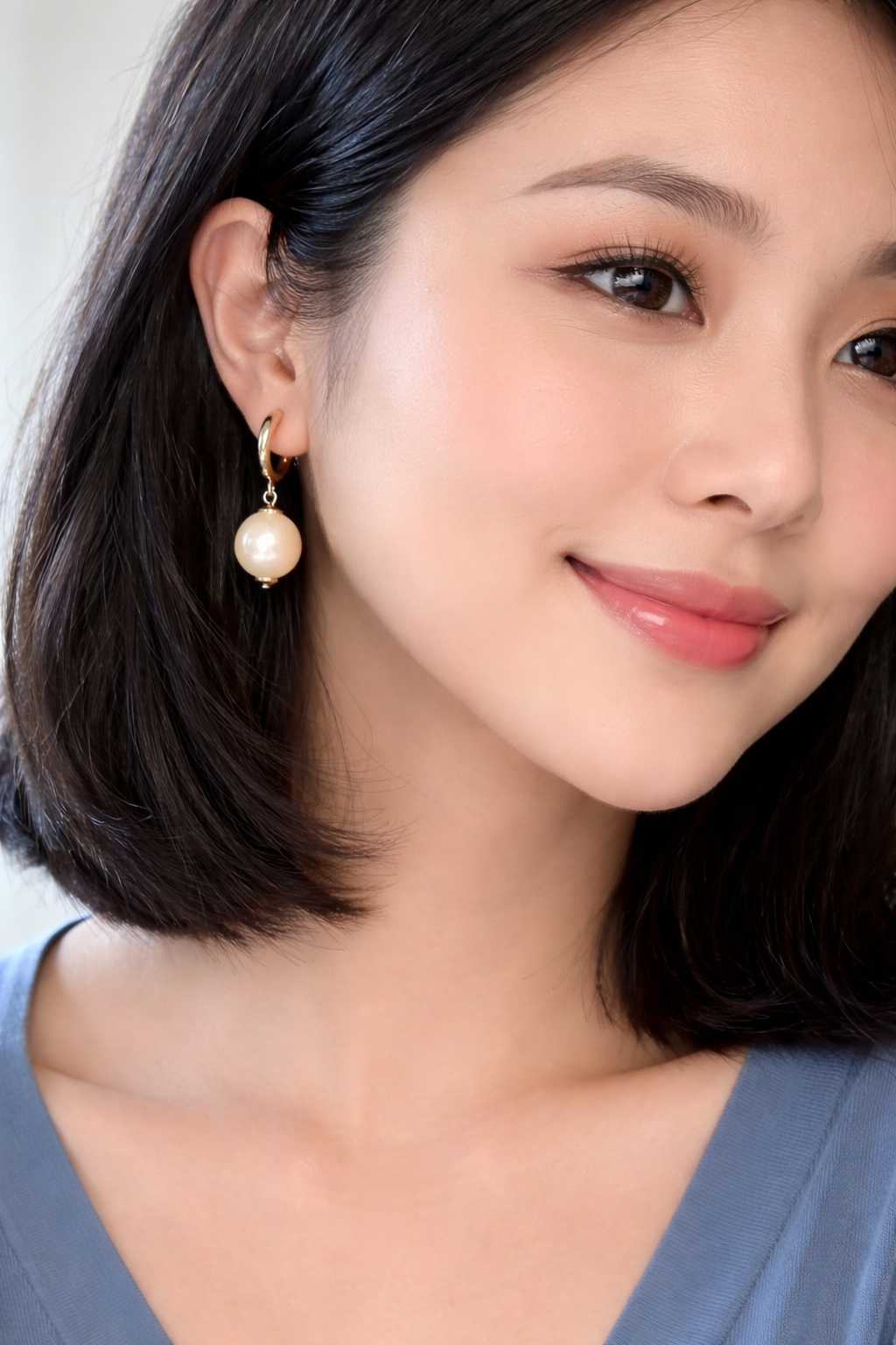 Close-up of a woman wearing pearl earrings with a neutral background