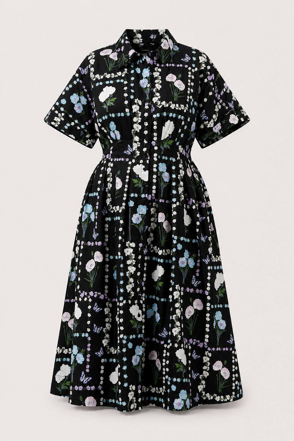 Curve fit front view of Wilderra Trevis Floral midi shirt dress with smocked waist and pockets