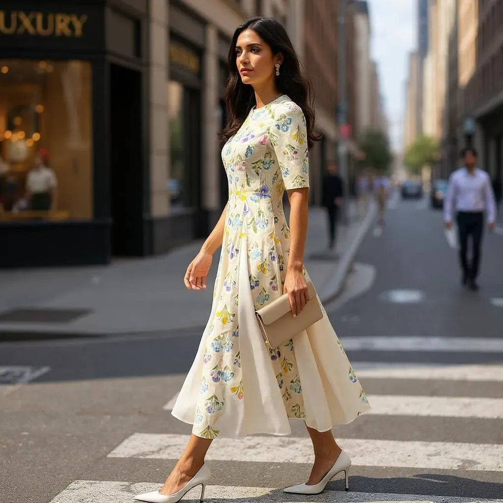 Elegant yellow floral midi dress with sleeves styled for spring daytime occasionwear