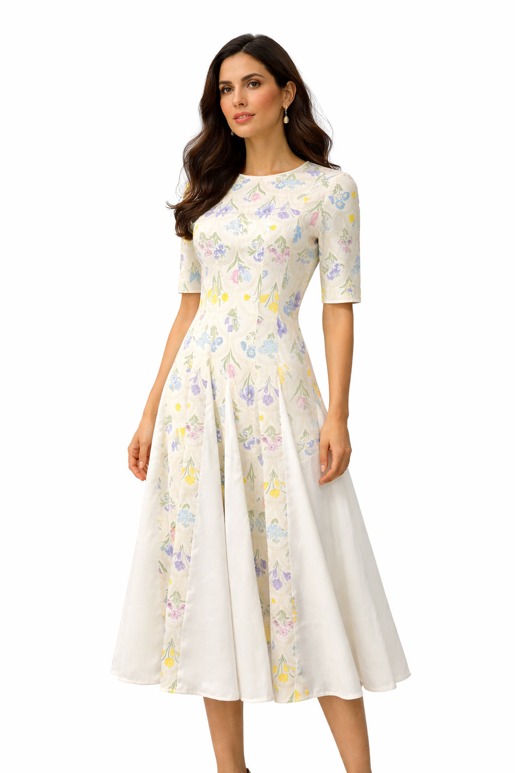 Cream yellow floral midi dress with elbow sleeves and paneled skirt by Nora Noh front view