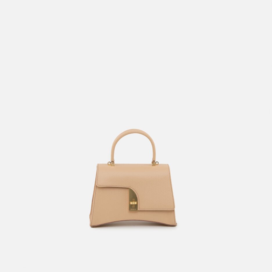 Beige pebbled calf leather small satchel bag with top handle and gold turn-lock closure