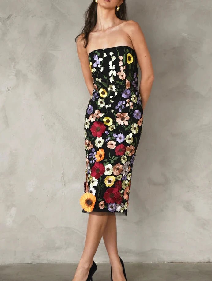 Black sleeveless midi dress with colorful 3D floral appliqué front view
