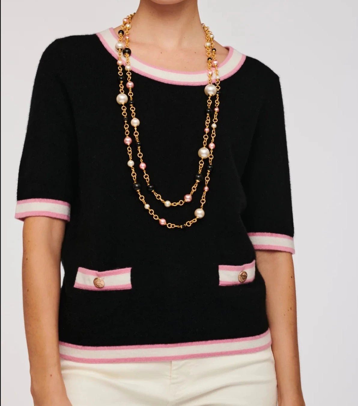 Classic double long pearl necklace by Weill Paris styled for elegant workwear look