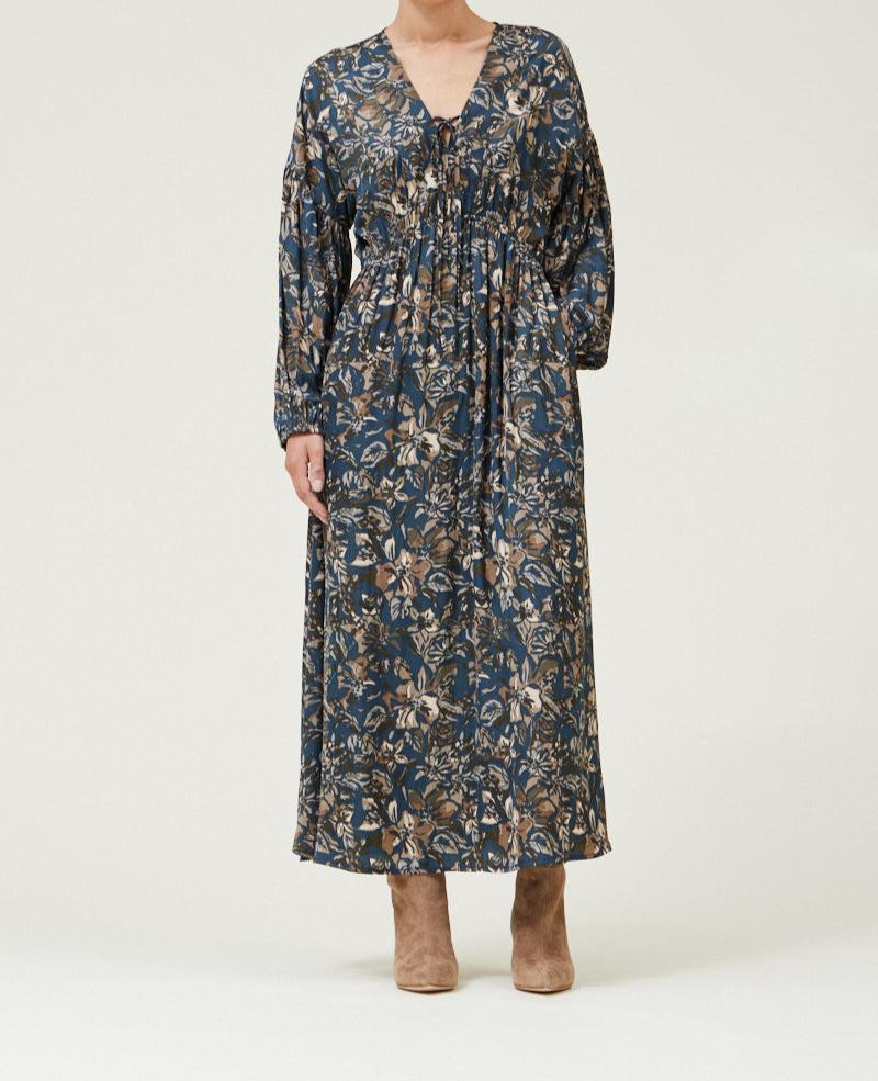 Dark Steel floral printed satin midi dress with long sleeves front view
