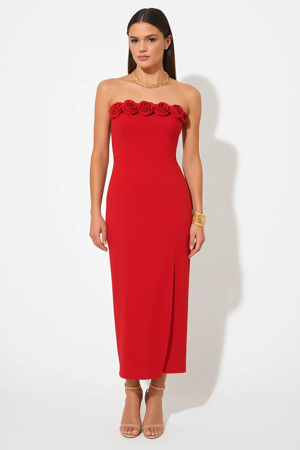 Adelyn Rae Solana scarlet red rosette midi dress with removable straps and front slit