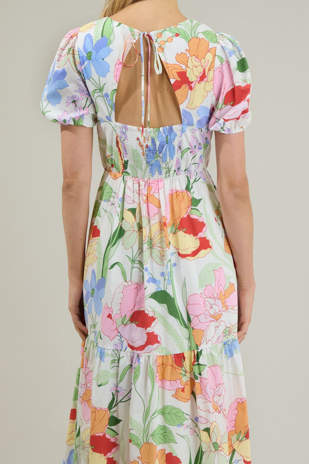 Close-up of open tie-back detail and smocked back on pastel floral maxi dress