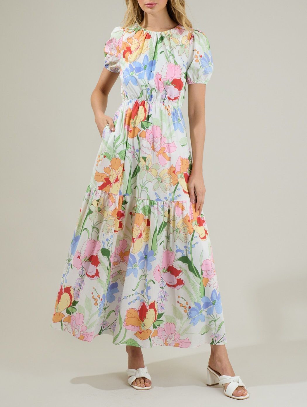 Pastel floral cotton tiered maxi dress with puff sleeves and pockets front view