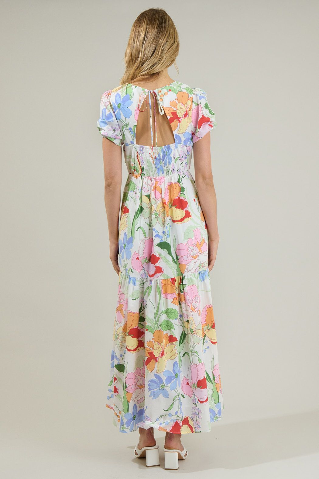 Back view of pastel floral maxi dress with open tie-back detail and smocked back panel