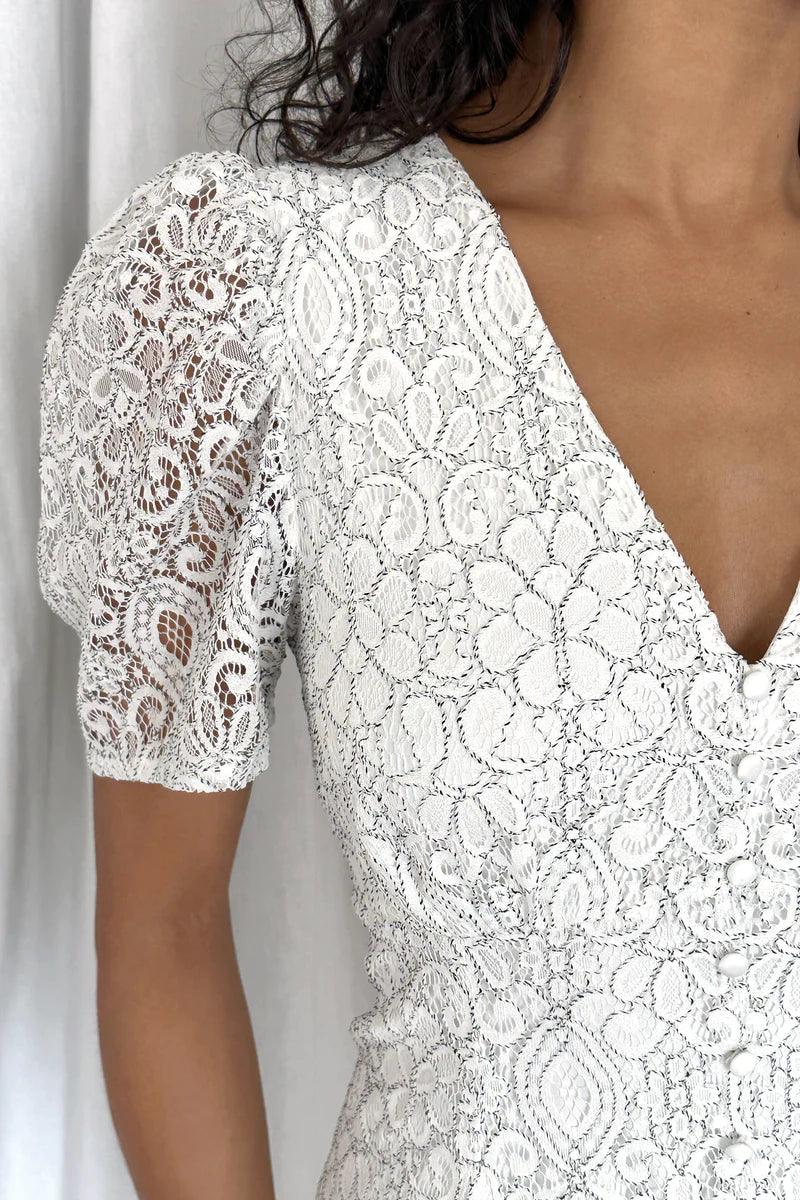 White lace midi dress with contrast trim detail