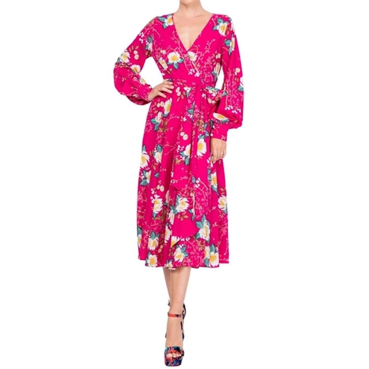 LilyPad Lotus Cranberry floral midi dress in XXXL with surplice neckline, long sleeves, self-tie waist belt, and tall-friendly 50-inch length