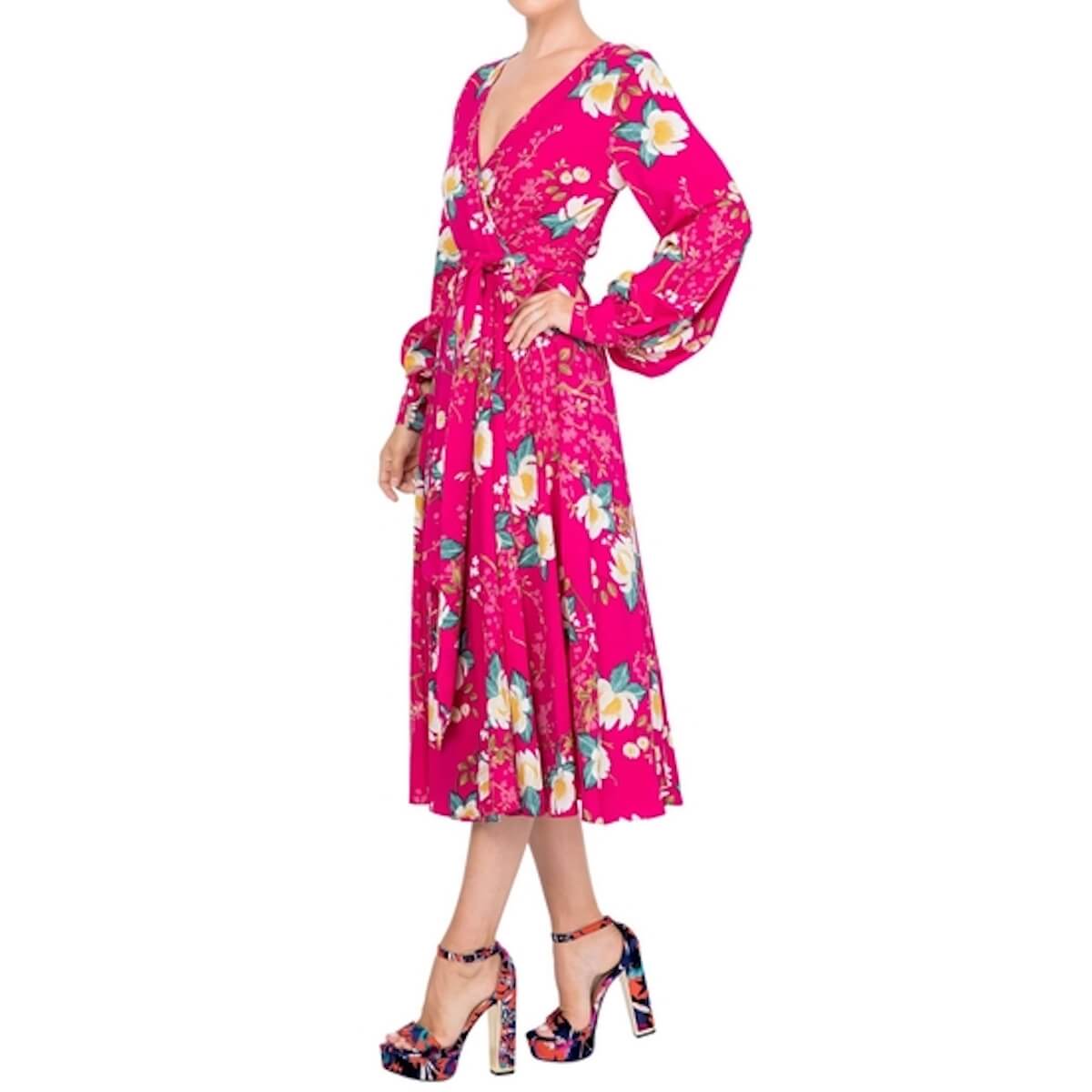 Cranberry floral long sleeve midi dress with tie waist and surplice neckline