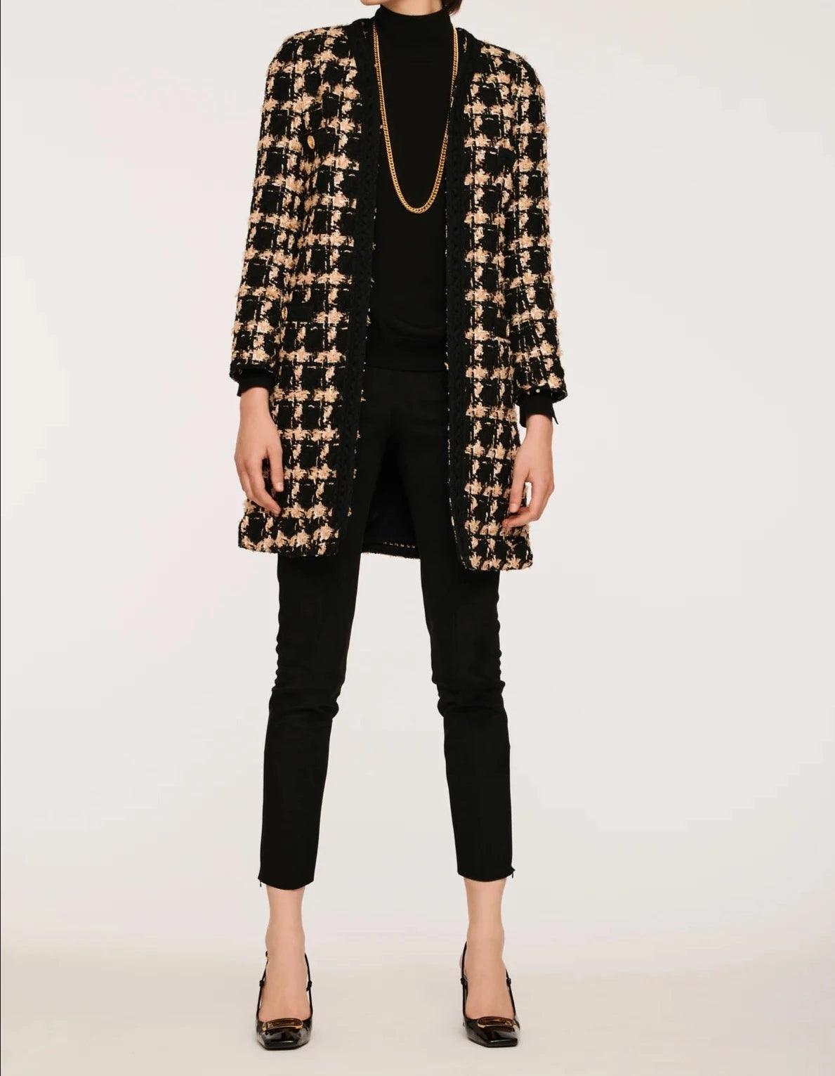 Front view of women’s longline black and beige check tweed jacket by Weill Paris