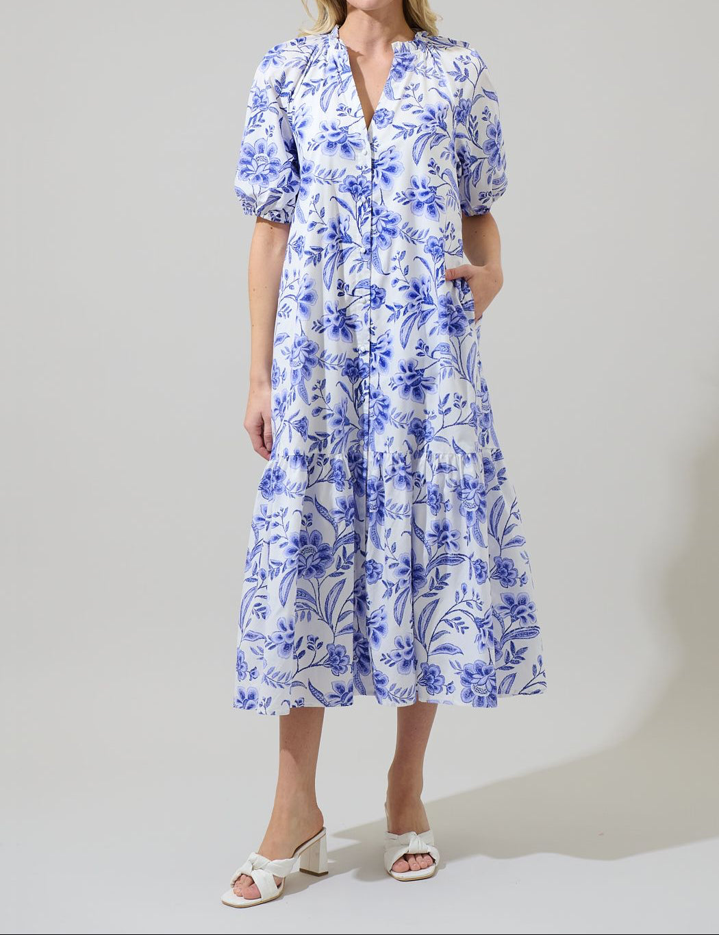 Maeve Floral Wynette Tiered Midi Dress - BTK COLLECTIONS