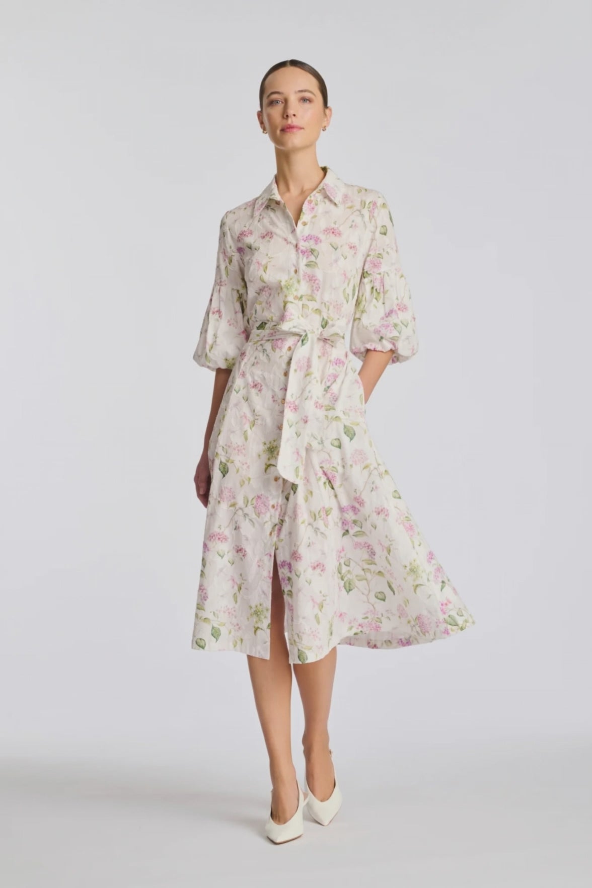 Floral Cotton Midi Shirt Dress with Puff Sleeves| BTK COLLECTIONS