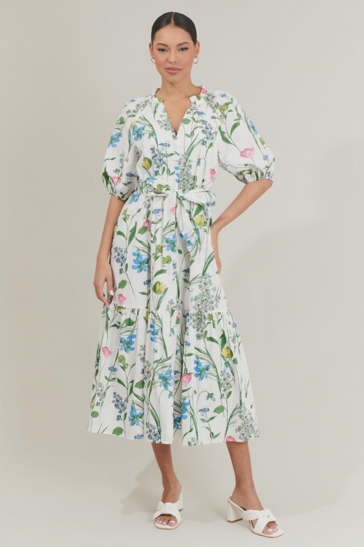 Clove Garden Floral Cotton Midi Dress | Puff Sleeve Tiered Day Dress| BTK COLLECTIONS