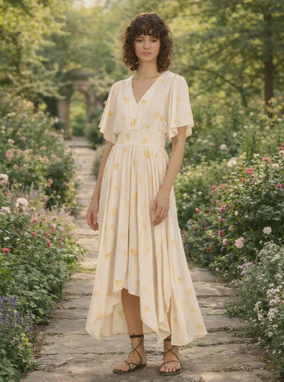 Outdoor lifestyle view of watercolor floral maxi dress in garden setting-BTK COLLECTIONS