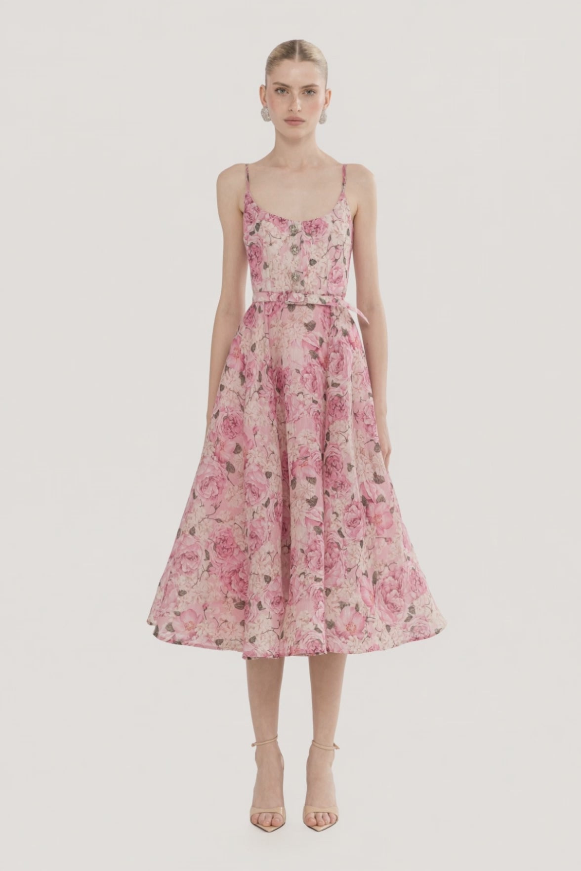 Pink Floral Linen Silk Fit and Flare Midi Dress with Belt_ NISSA-BTK COLLECTIONS