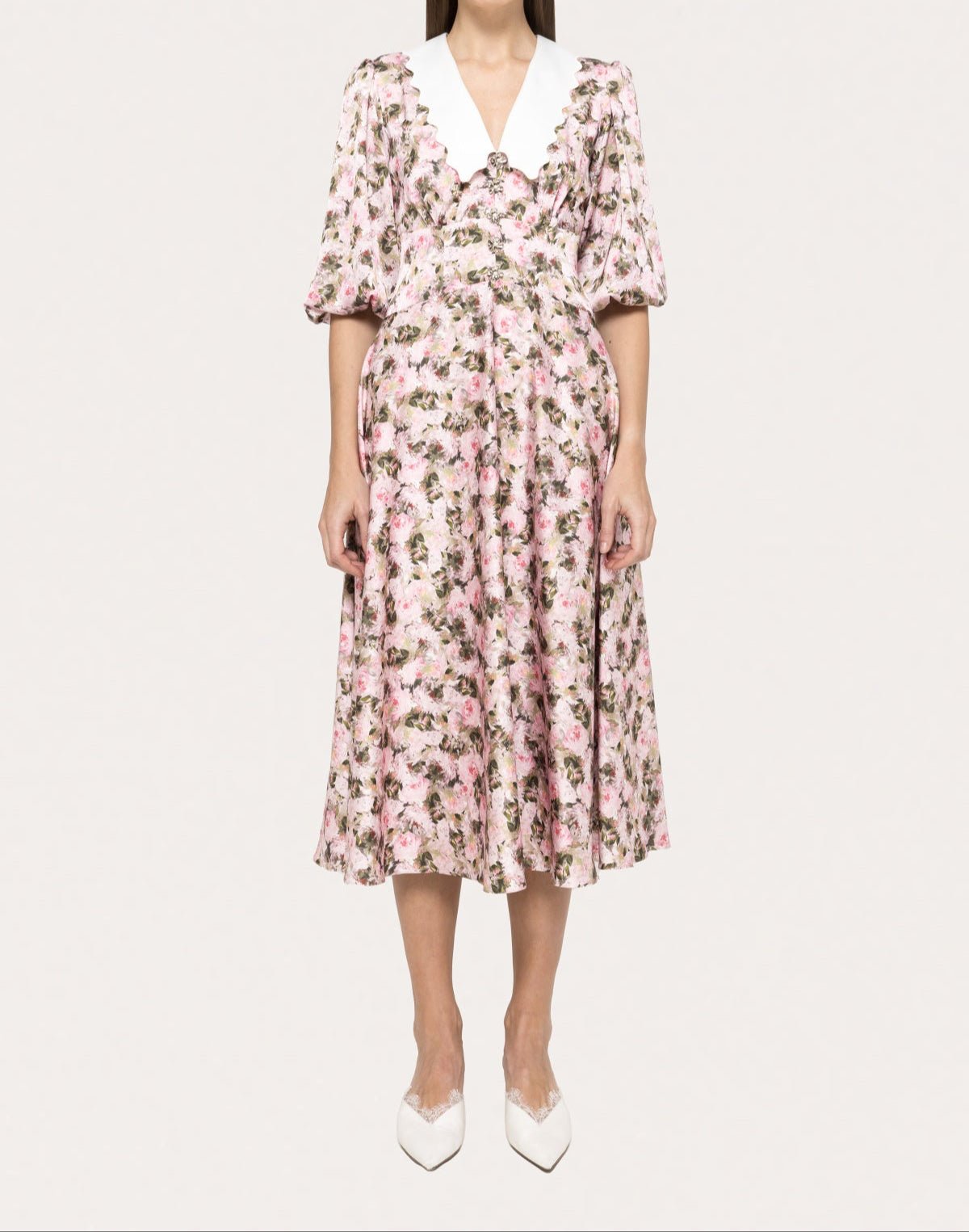 Floral puff sleeve midi dress by Nissa with defined waist and A-line skirt, perfect for Easter Sunday and spring wedding guest- BTK COLLECTIONS