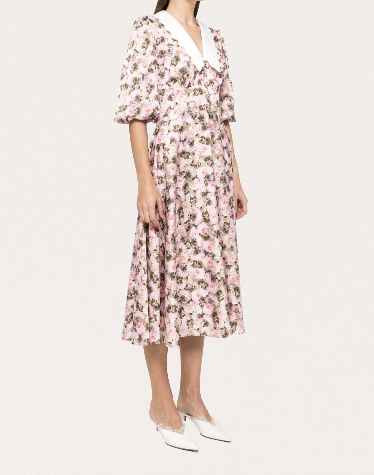 Romantic floral midi dress with puff sleeves and flowing skirt for high tea and garden party events- BTK COLLECTIONS