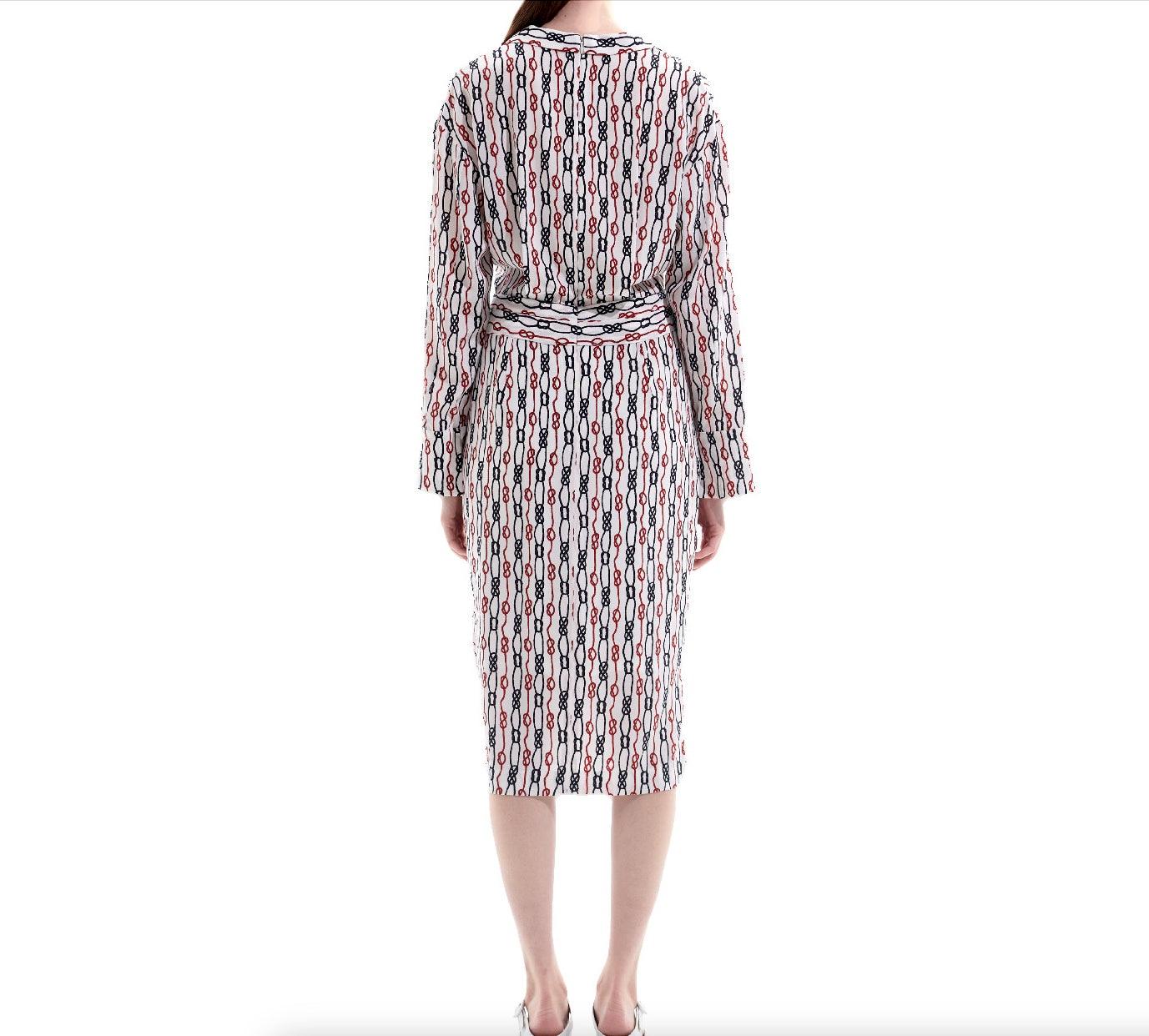 Back view of silk chain print midi dress with tailored silhouette