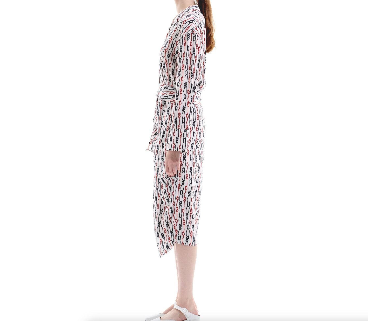 Side view of silk printed midi dress with adjustable belt and long sleeves