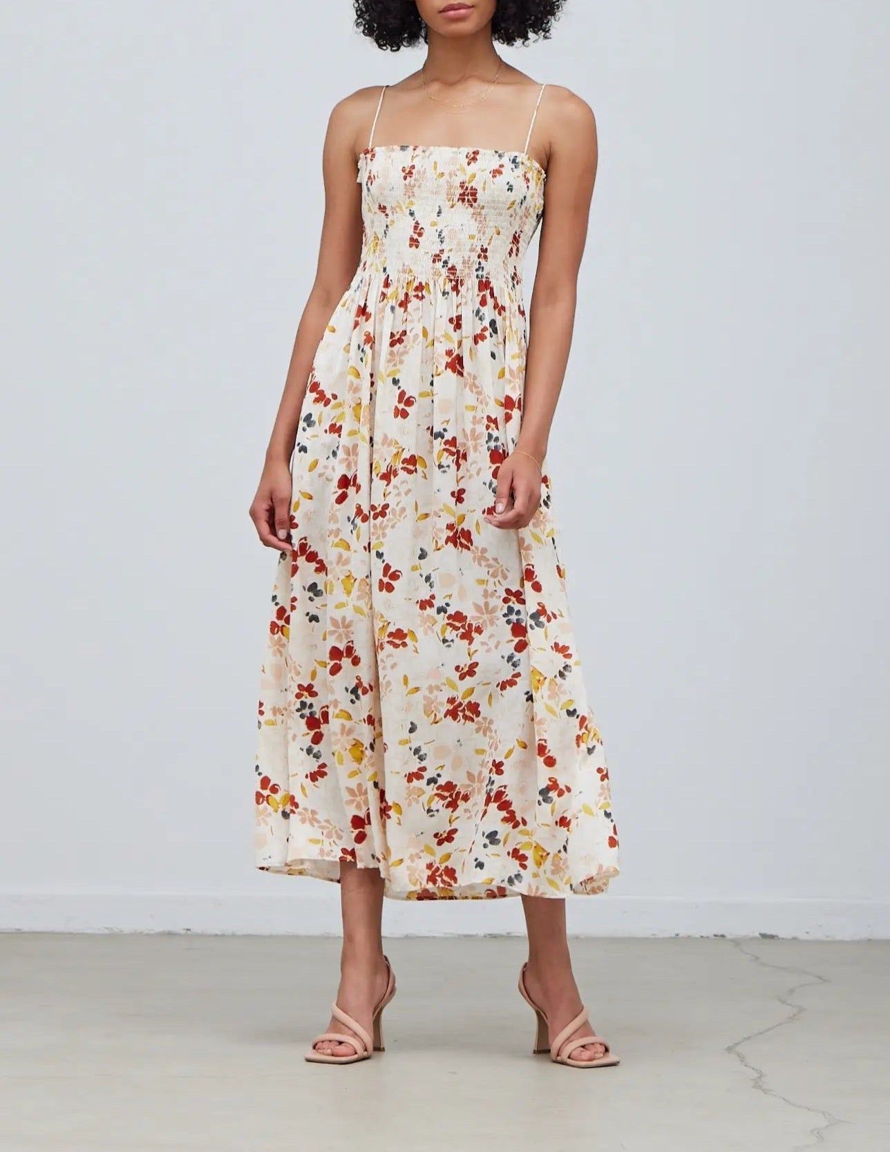 Grade & Gather cream floral satin midi dress with smocked bodice, straight neckline, and spaghetti straps