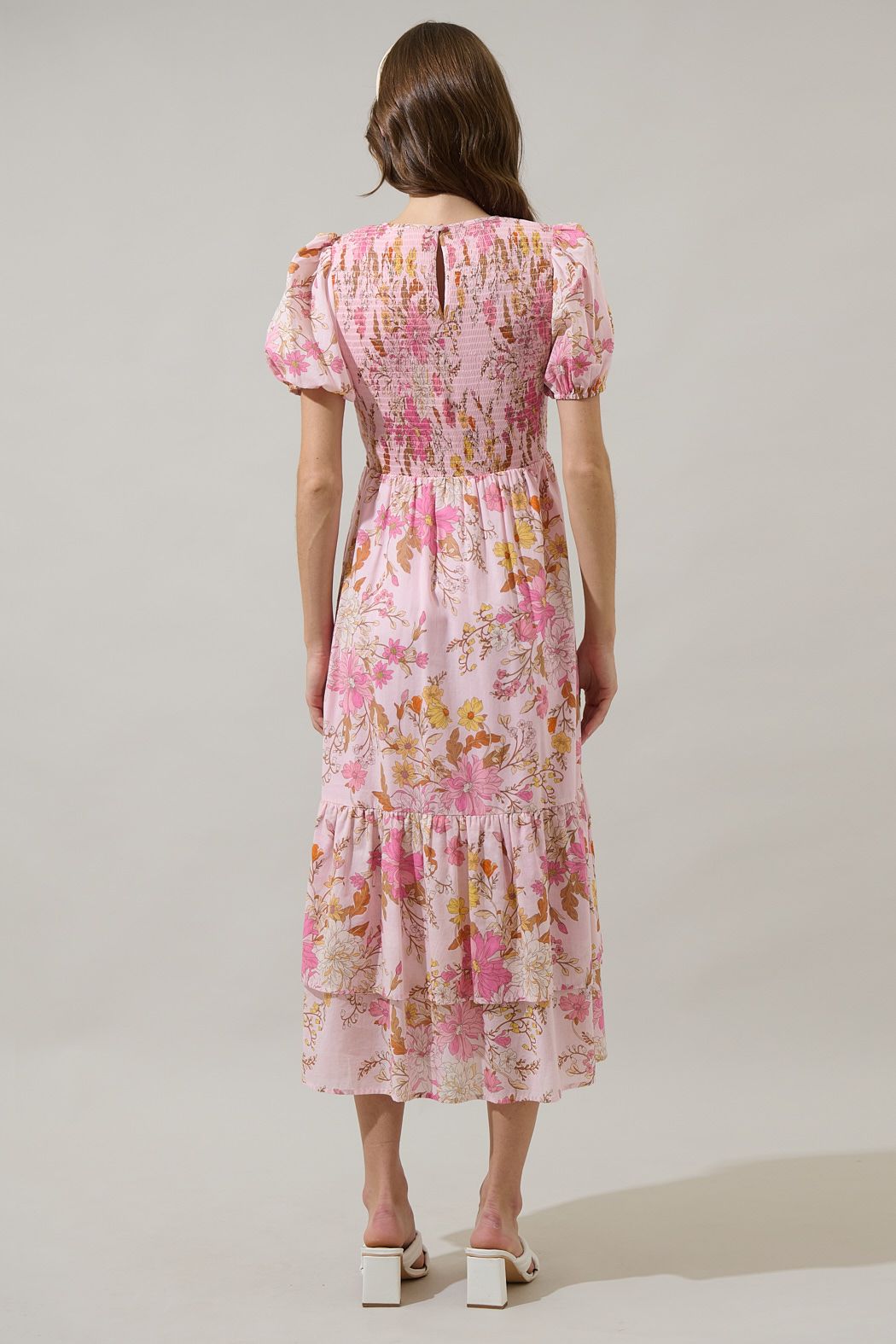 Pink floral puff sleeve midi dress with smocked back bodice and keyhole back view