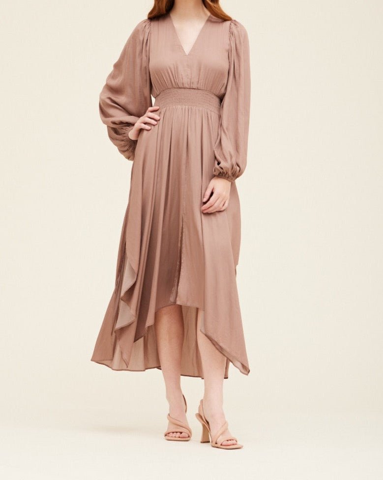 Flowy dusty orchid satin maxi dress featuring a softly draped skirt, V-neck bodice, and elastic smocked waist.