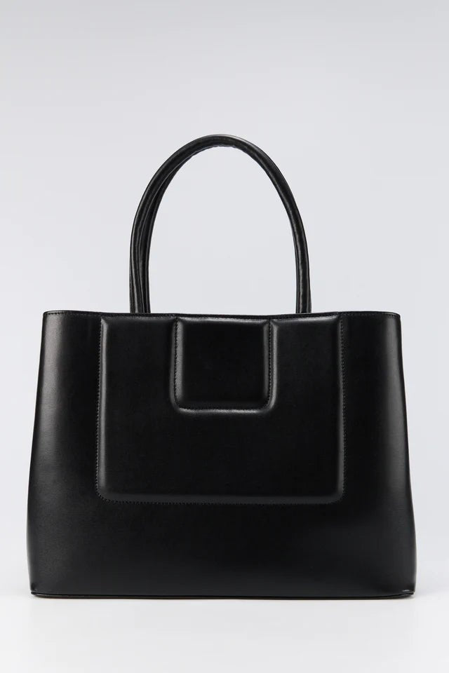 Black quilted structured tote with top handles — minimalist women’s work bag