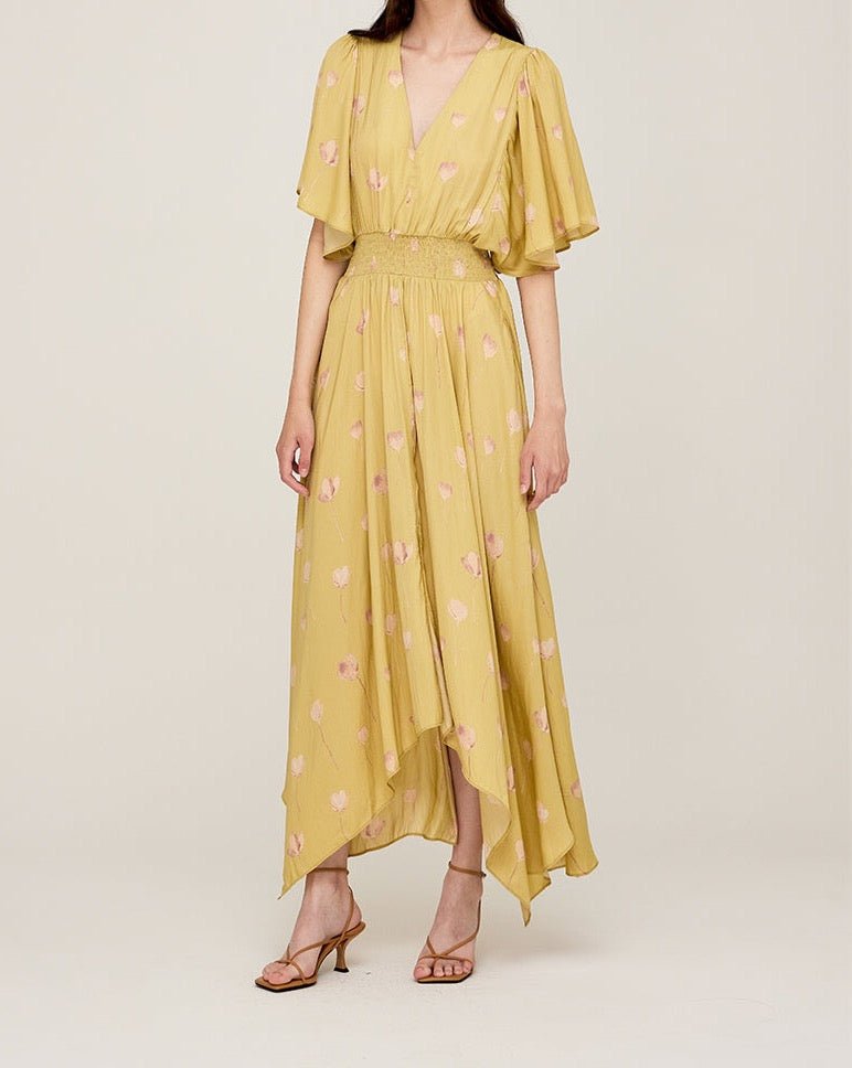 Butter yellow flutter sleeve maxi dress front view