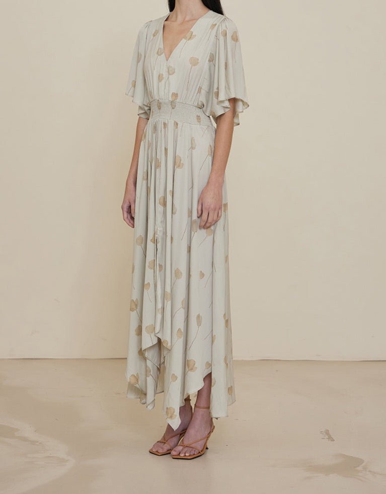 Soft blue watercolor floral maxi dress front view