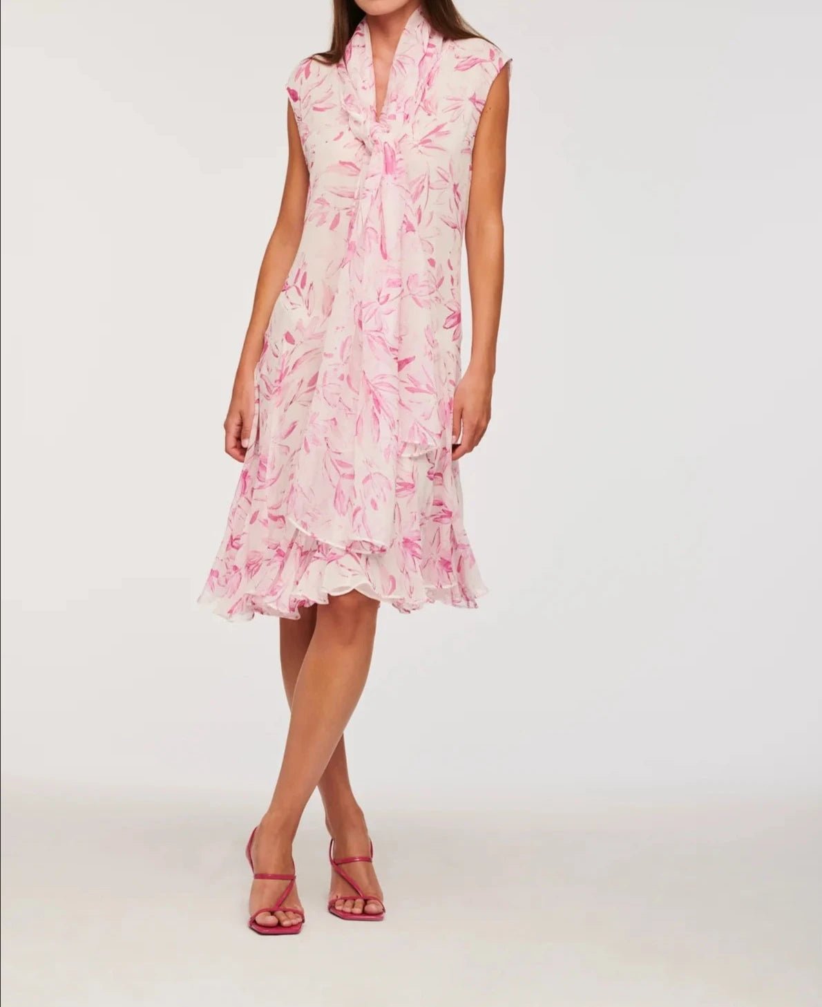 Pink floral pleated cocktail dress with shawl neckline by Weill Paris
