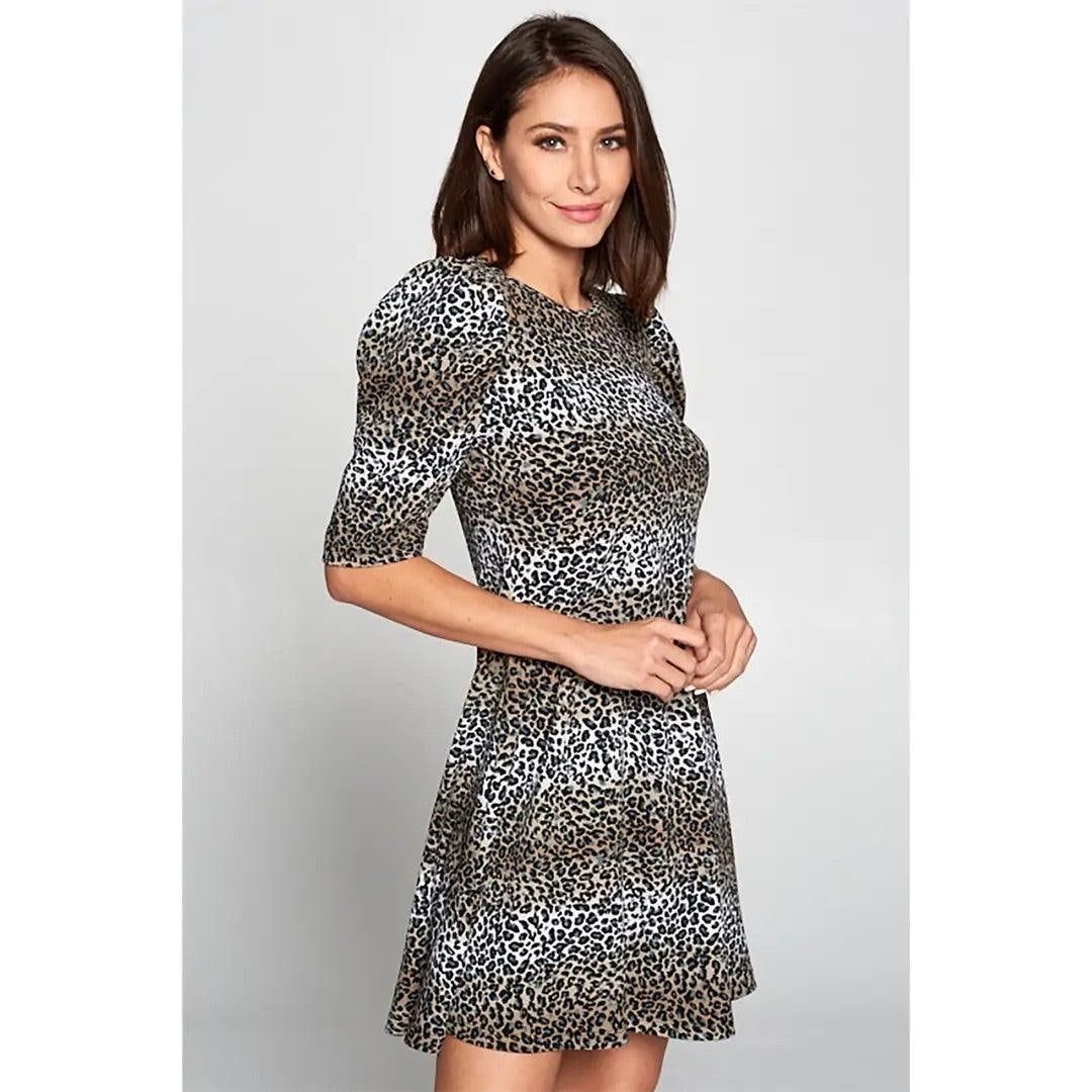 Renee C short sleeve swing dress in black gray animal print