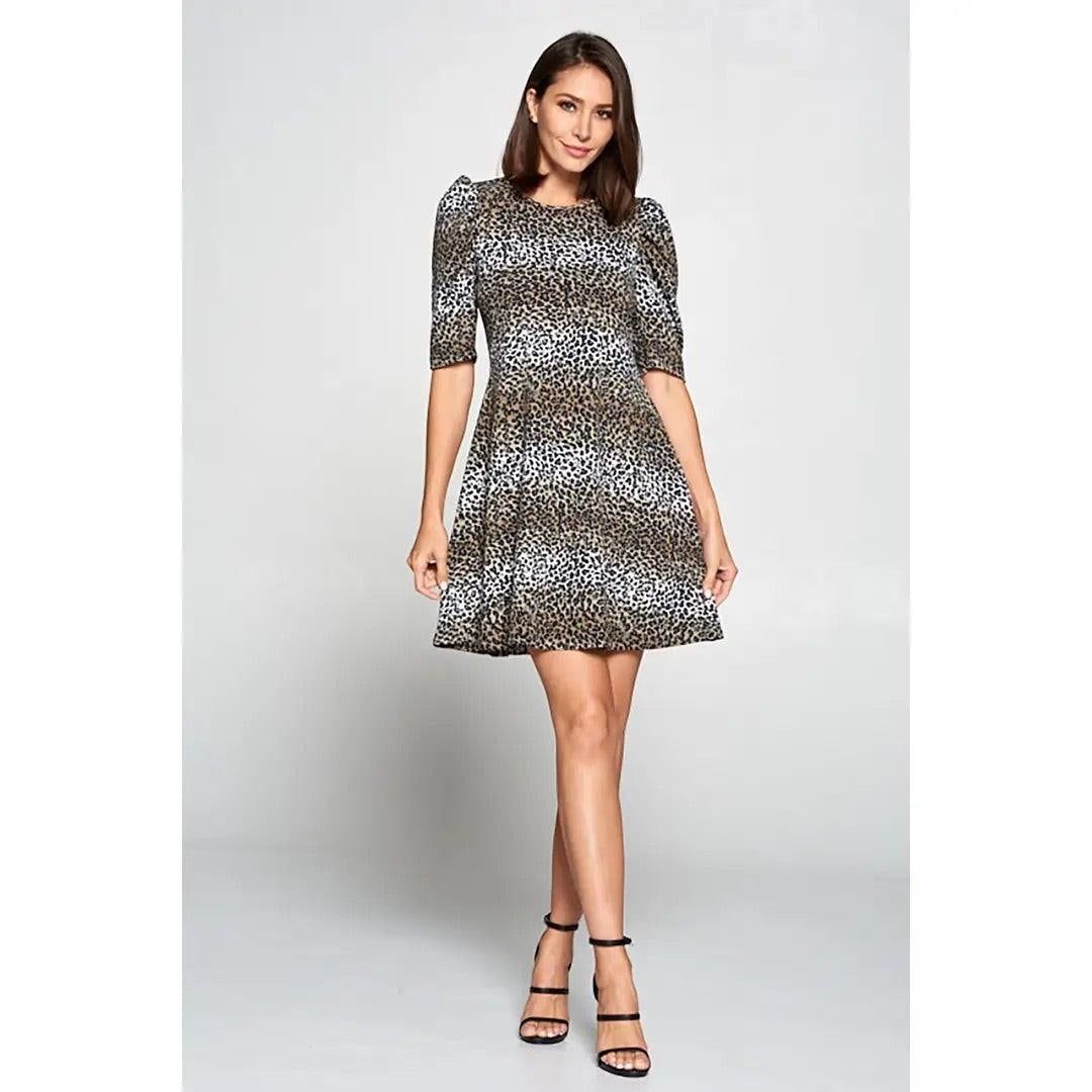 Renee C black gray animal print knee-length swing dress with short puff sleeves