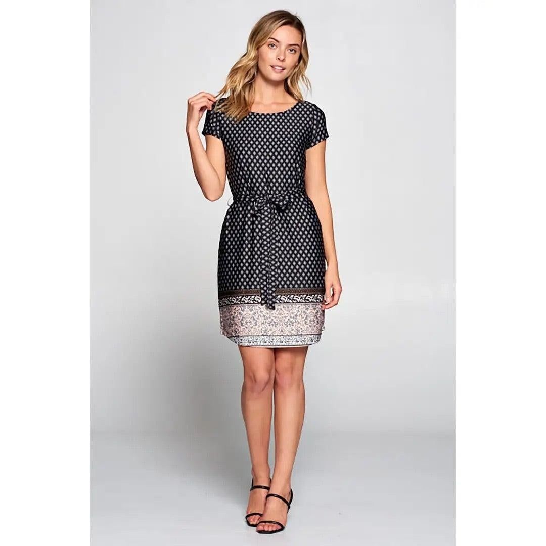 Renee C dark navy boho border print knit dress with short sleeves and waist tie