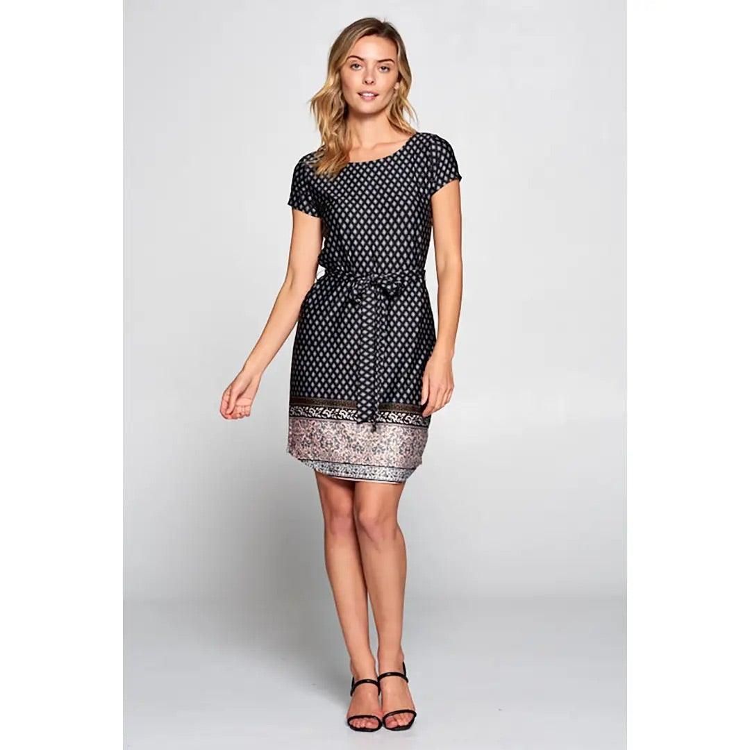 Renee C short sleeve navy print dress with flattering waist tie
