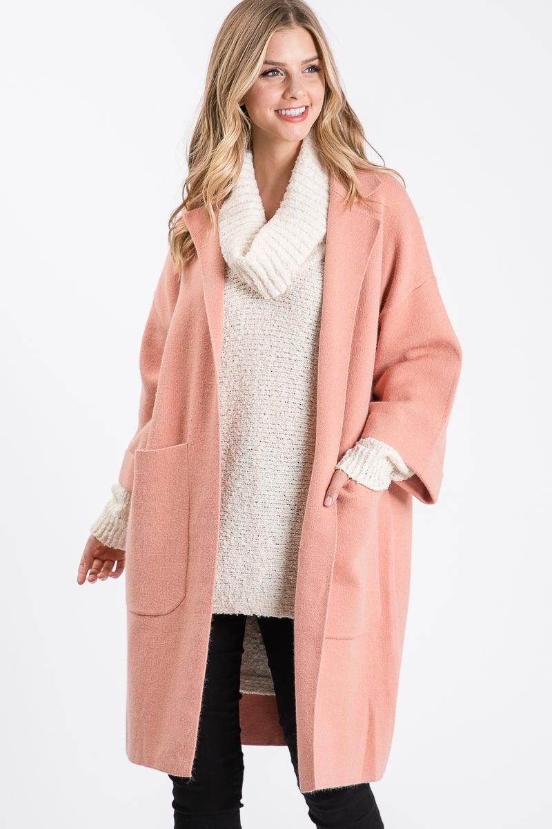 Allie Rose women’s mauve open-front coat with a collared neckline and two large pockets.