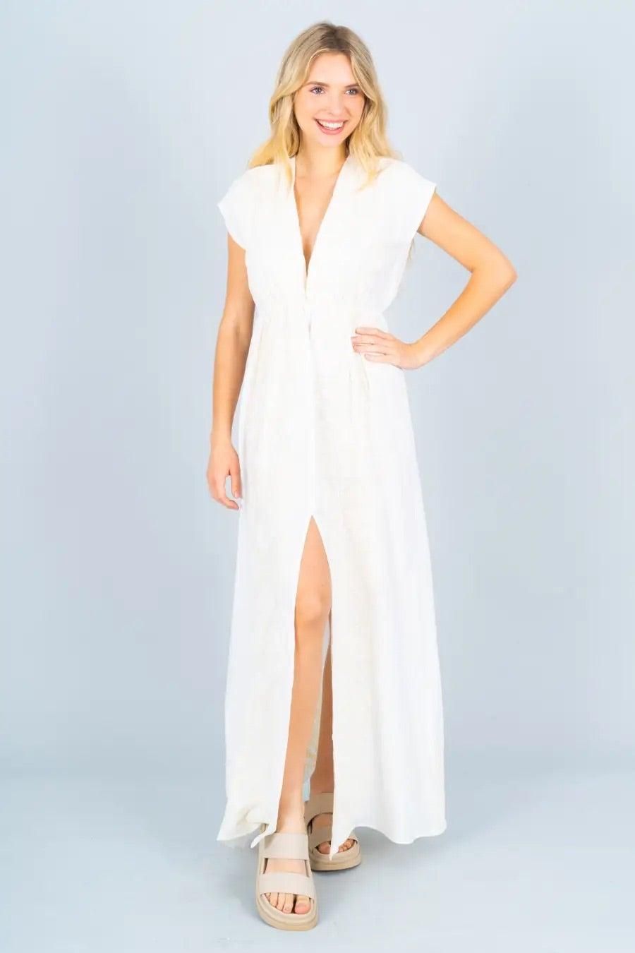 Women’s white embroidered maxi dress with short sleeves and front split