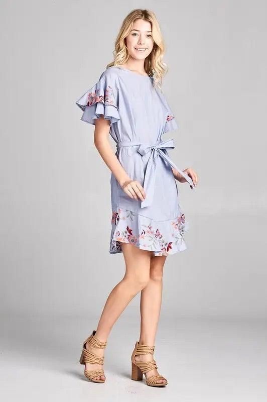 Renee C light blue floral embroidered cotton dress with ruffles and waist tie